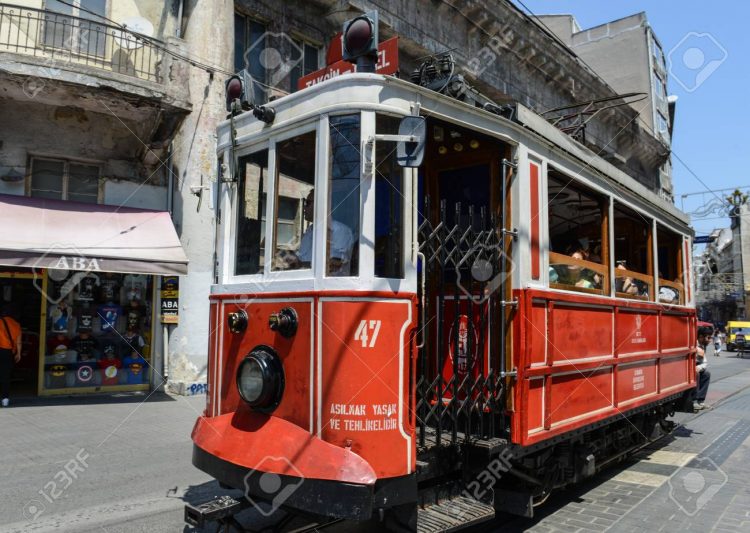 34017289 istanbul turkey july 09 old fashioned red tram at the street istanbul on july 09 2014 nostalgic tram